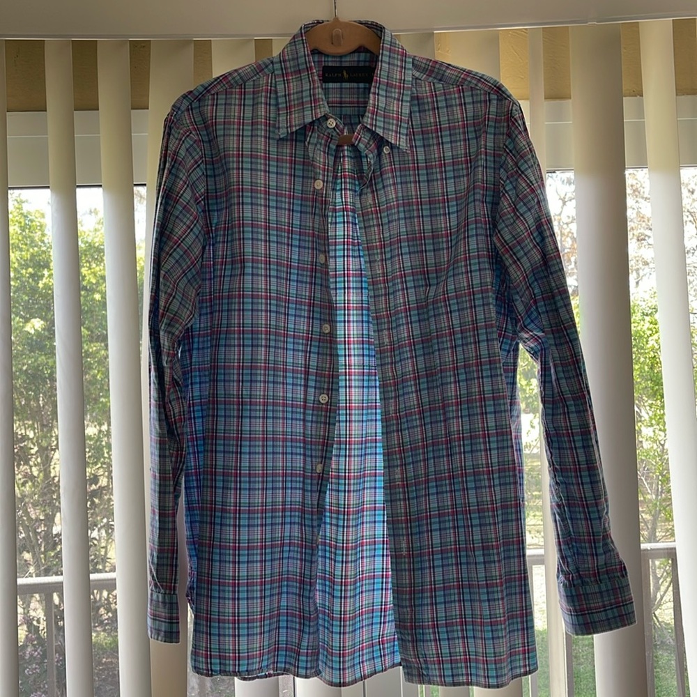 Ralph Lauren Shirt Men's Blue Purple Pinks Plaid Long Sleeve Button Down